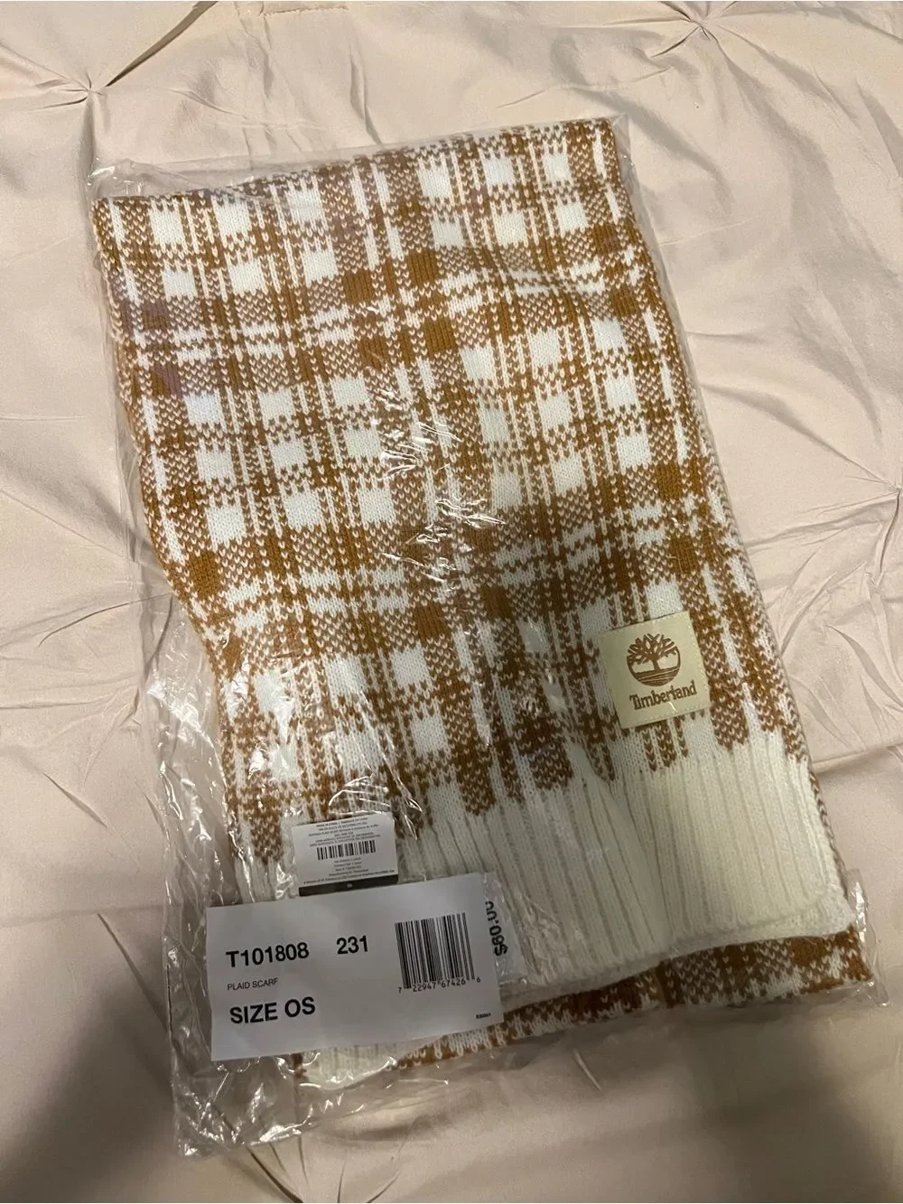 Timberland Cream and Tan Plaid Knit Scarf